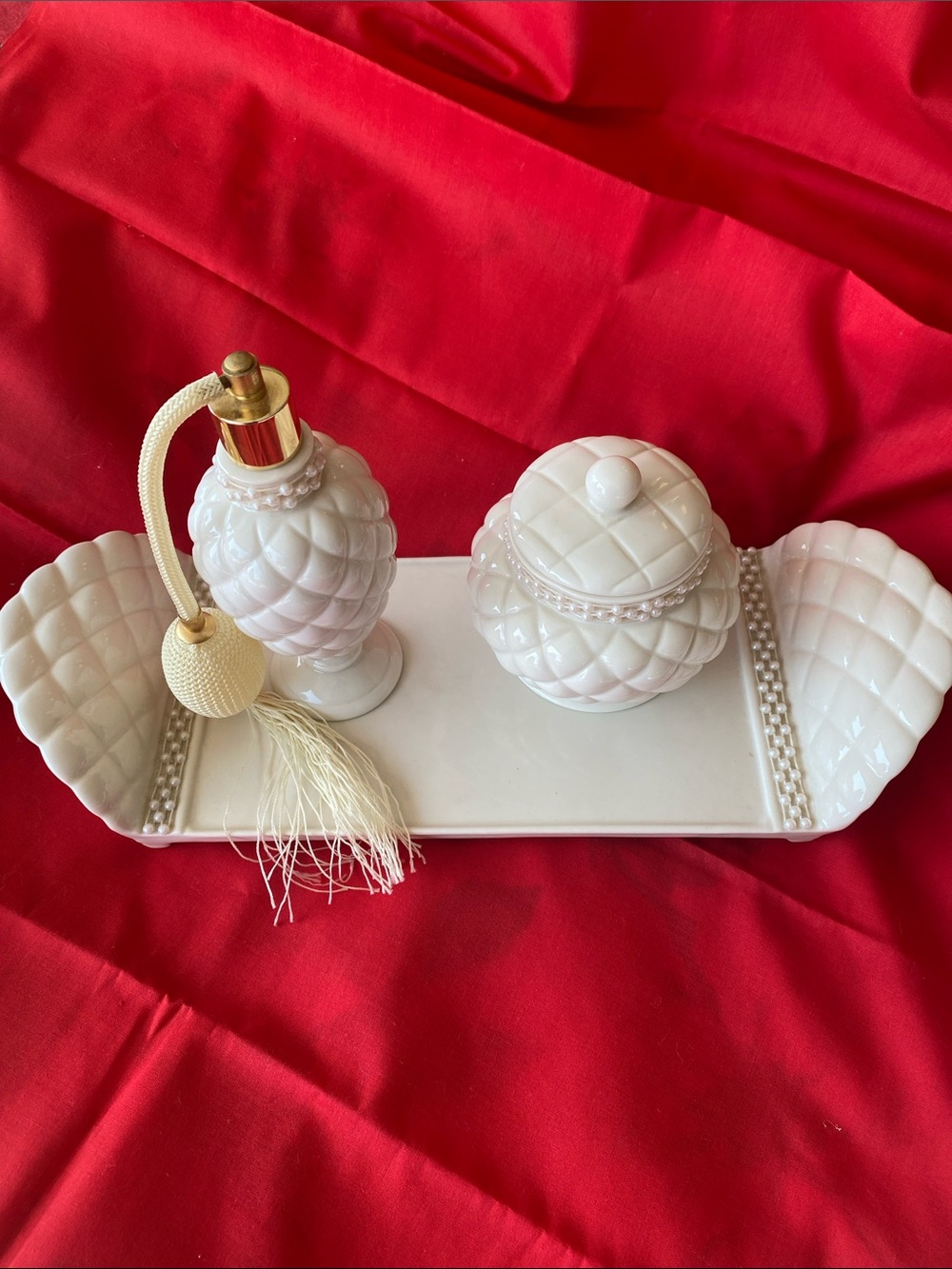 Vintage Avon White Quilted Vanity Set